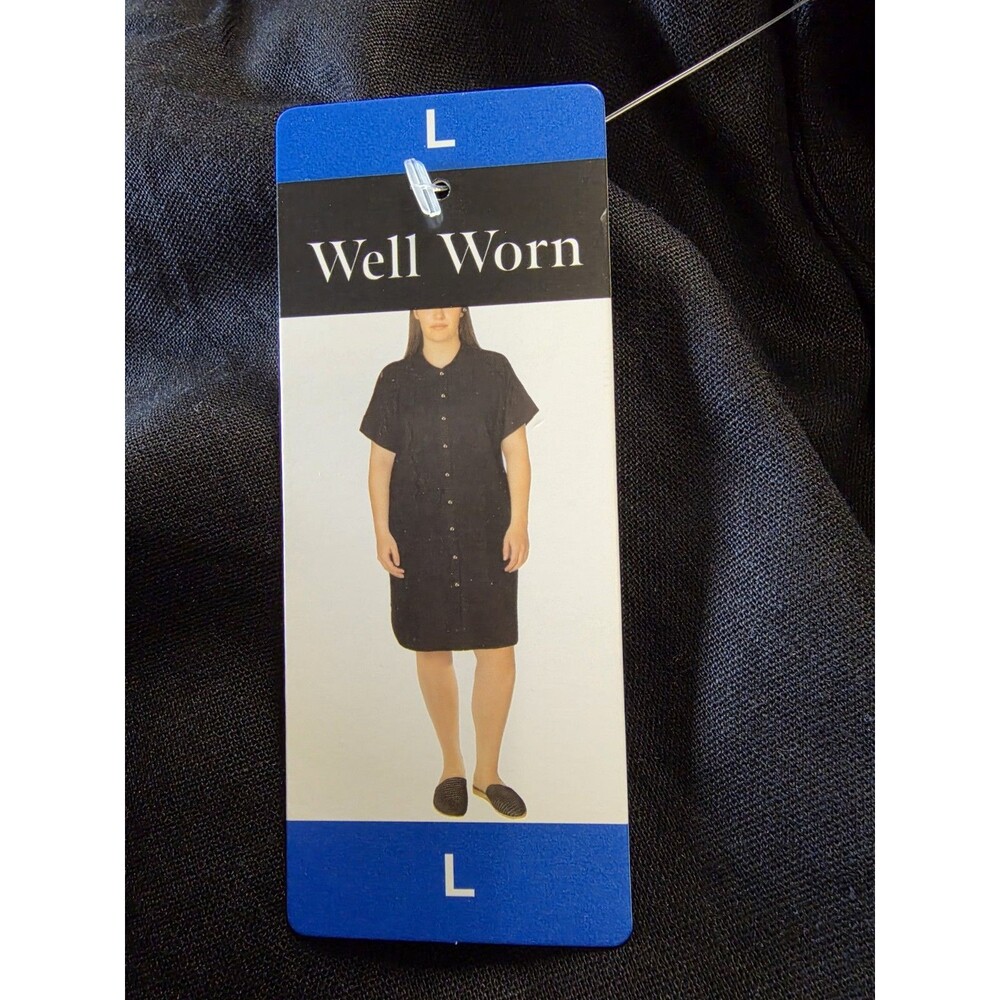 Well Worn Linen Blend Button Front Shirt Dress Black L Pocket Coastal Large